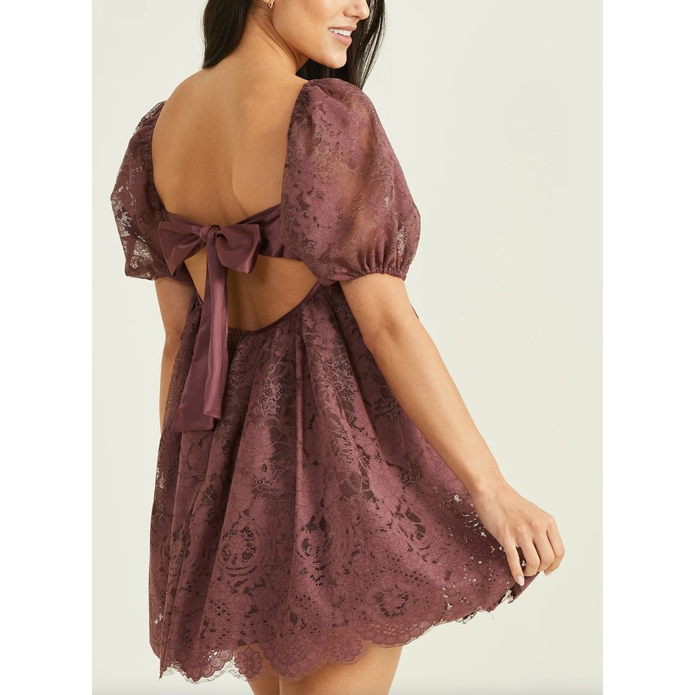 NEW Lace Babydoll Puff Sleeve Mini Dress Purple Altar'd State Vivika Size Small